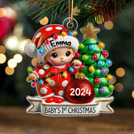 Baby First Christmas 3D-effekt personlig akryl julepynt - gave til nyfødt